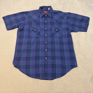 Ely Plains Western Shirt Mens Large Blue Striped Pearl Snap Short Sleeve